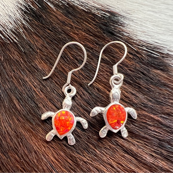 ❤️ Orange Opal Turtle TAXCO 950 Sterling Silver Earrings 1.11”L x .56”W - Picture 4 of 11